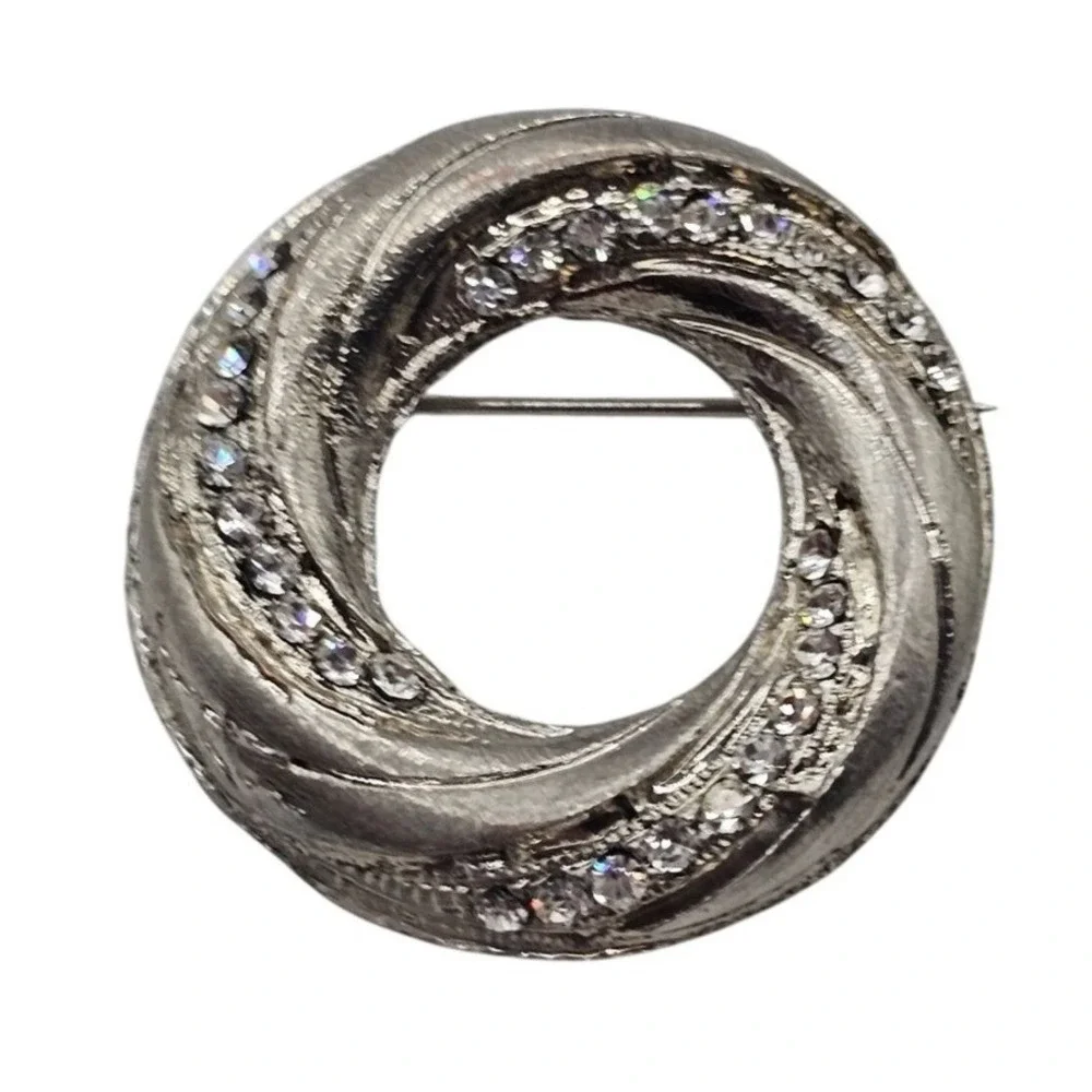 Abstract Ribbon Teardrop and Circle Brooch Silver Tone Openwork Sculptural 2pc